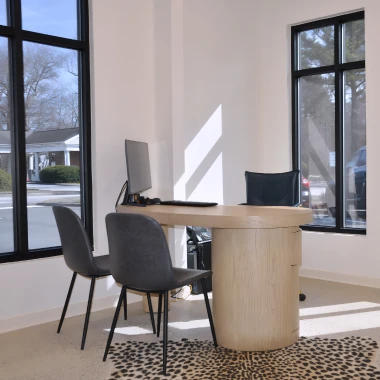 Bright consultation office at Pappas Orthodontics with wooden desk, chairs, computer, and large windows.